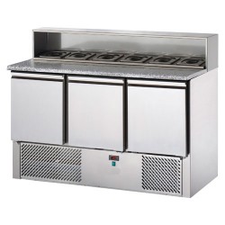 Tavolo pizza refrigerato 3 porte, piano in granito, alzata in acciaio con 8 vaschette Gn 1/6