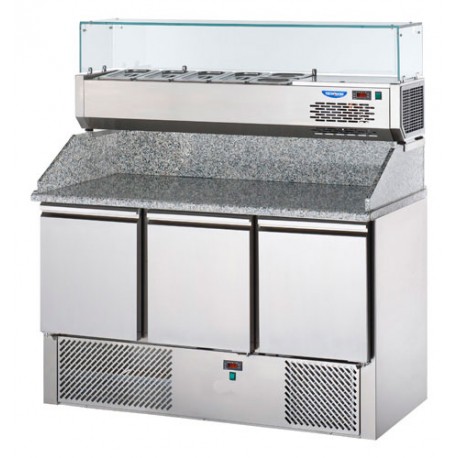 Tavolo pizza refrigerato 3 porte, piano in granito con alzata e vetrina refrigerata
