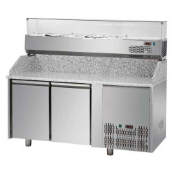 Tavolo Pizza refrigerato GN 1/1 2 porte, piano in granito e vetrina refrigerata