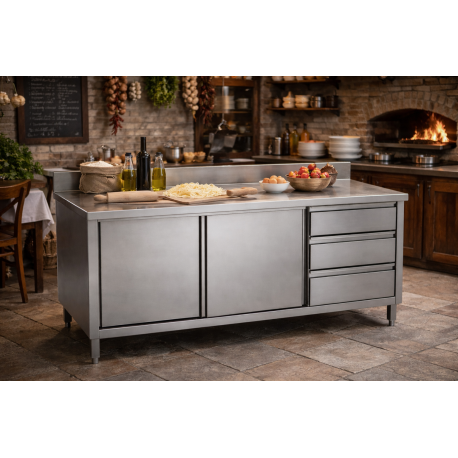 Tavolo Armadiato inox 200 x 70    H 85 cm  con 3 Cassetti e Alzatina