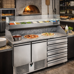 Saladette refrigerata 2 porte, 6 cassetti, piano in granito e vetrina refrigerata