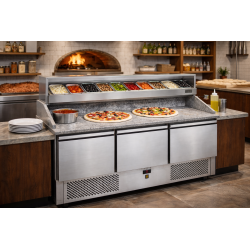 Saladette refrigerata 3 porte, piano in granito con alzata e vetrina refrigerata