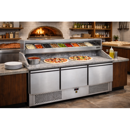 Saladette refrigerata 3 porte, piano in granito con alzata e vetrina refrigerata