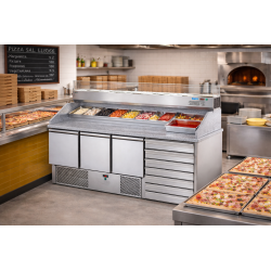 Saladette refrigerata 3 porte, 6 cassetti, piano in granito e vetrina refrigerata