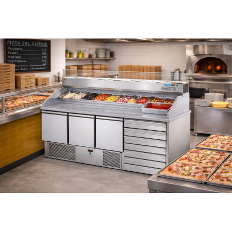 Saladette refrigerata 3 porte, 6 cassetti, piano in granito e vetrina refrigerata