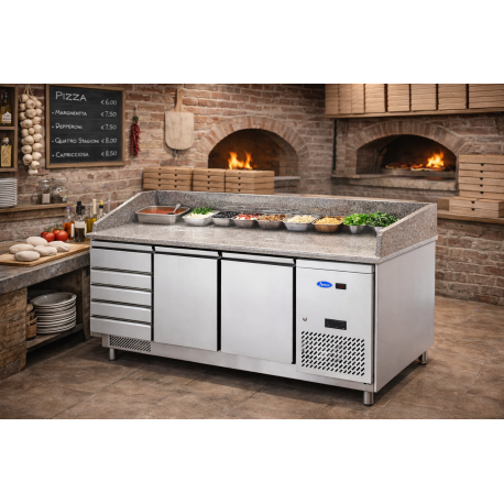 Tavolo Pizza refrigerato GN 1/1 2 porte, 7 cassetti neutri e piano in granito