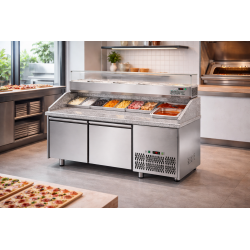 Tavolo Pizza refrigerato GN 1/1 2 porte, piano in granito e vetrina refrigerata